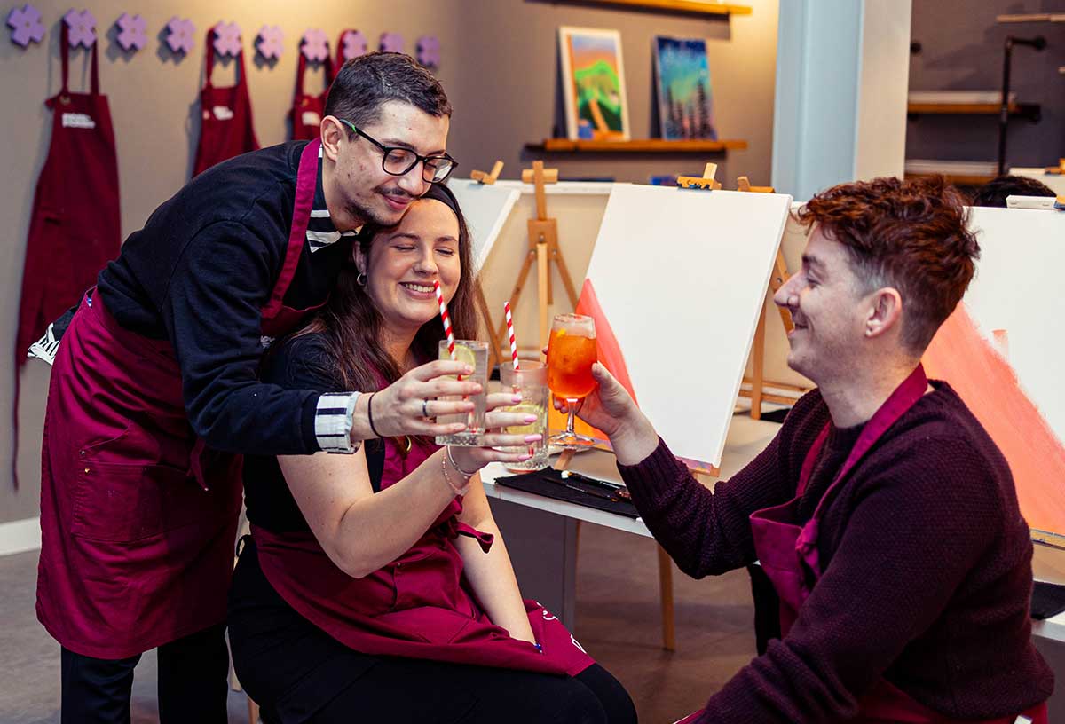 Team building ideas London include a paint and sip session at Pinot and Picasso Shoreditch